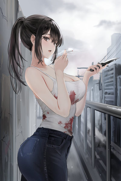 Anime picture 2731x4096 with original lillly single long hair tall image looking at viewer fringe highres breasts open mouth light erotic black hair hair between eyes large breasts standing holding payot cleavage outdoors ponytail