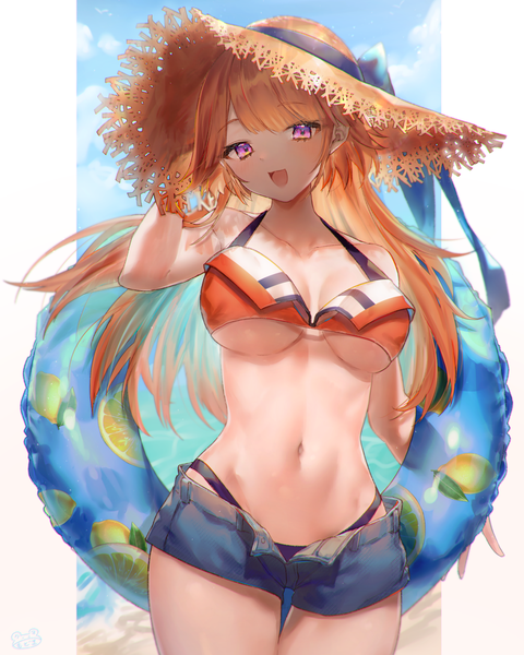 Anime picture 2000x2500 with virtual youtuber hololive hololive english takanashi kiara modoki kuma single long hair tall image looking at viewer highres breasts open mouth light erotic large breasts purple eyes :d orange hair underboob open shorts food print
