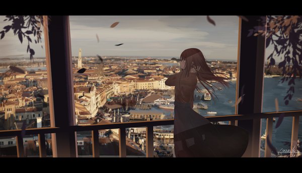 Anime picture 3227x1846 with original amatsuki rei single long hair highres brown hair wide image signed looking away sky cloud (clouds) wind city adjusting hair letterboxed cityscape landscape girl skirt sea