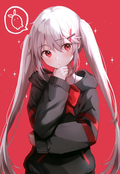 Anime picture 849x1230 with original rangu single long hair tall image looking at viewer blush fringe simple background hair between eyes red eyes standing twintails white hair long sleeves head tilt sparkle red background hand to mouth girl