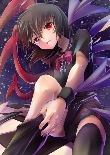 Anime picture 1000x1412 with touhou houjuu nue kakao rantan single tall image looking at viewer short hair black hair red eyes sitting checkered floor dressing girl thighhighs dress black thighhighs wings bowtie black dress wristlet