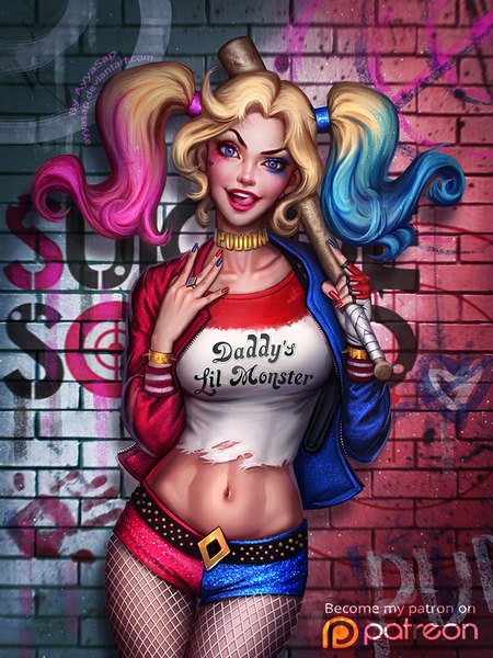 Anime picture 750x1000 with batman dc comics harley queen ayyasap single long hair tall image breasts open mouth blue eyes blonde hair twintails blue hair pink hair multicolored hair lips realistic open jacket bare belly midriff