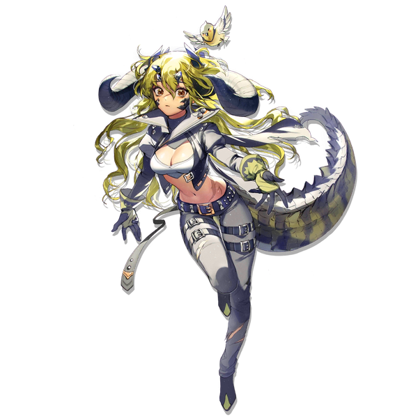 Anime picture 1024x1024 with arknights estelle (arknights) yagiinu single long hair looking at viewer fringe breasts blonde hair hair between eyes brown eyes cleavage tail animal tail horn (horns) official art midriff scar transparent background crocodilian tail
