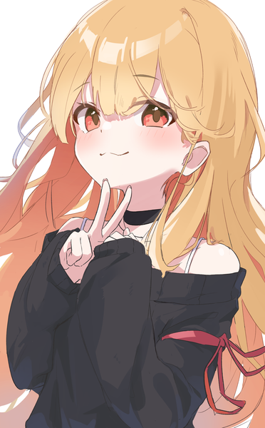 Anime picture 1800x2900 with original wep16night single long hair tall image blush fringe highres simple background blonde hair hair between eyes red eyes white background bare shoulders upper body blunt bangs arms up victory :3 girl