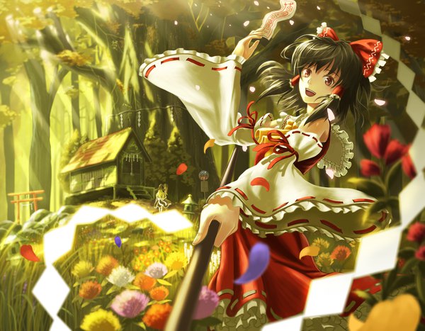 Anime picture 1800x1400 with touhou hakurei reimu kirisame marisa doora (dora0913) looking at viewer highres short hair open mouth black hair smile brown eyes traditional clothes japanese clothes arm up sunlight wide sleeves depth of field solo focus miko sunbeam