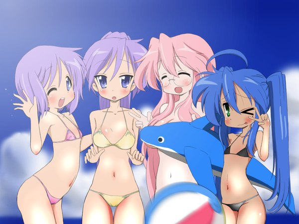 Anime picture 1600x1200 with lucky star kyoto animation izumi konata hiiragi kagami hiiragi tsukasa takara miyuki long hair blush short hair breasts open mouth blue eyes light erotic smile green eyes blue hair purple hair cloud (clouds) ahoge ponytail