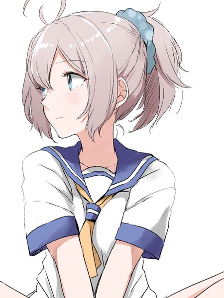 Anime picture 1200x1600 with kantai collection aoba heavy cruiser morinaga (harumori) single tall image fringe short hair blue eyes simple background hair between eyes white background payot looking away silver hair ahoge ponytail girl uniform serafuku scrunchie