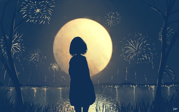 Anime picture 1600x1000 with original skyrick9413 single short hair standing signed from behind night night sky horizon scenic silhouette bare tree fireworks lake girl plant (plants) tree (trees) moon grass