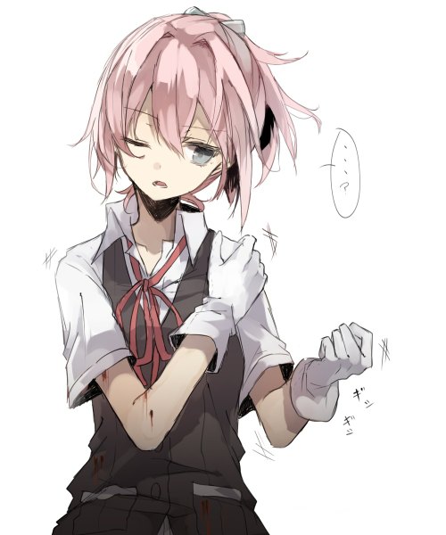 Anime picture 1000x1200 with kantai collection shiranui destroyer chibirisu single tall image short hair open mouth simple background white background looking away pink hair ponytail one eye closed grey eyes ? girl gloves uniform school uniform white gloves