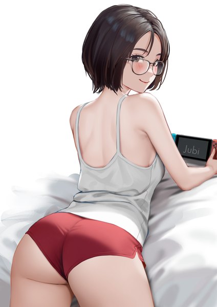 Anime picture 2480x3508 with nintendo real life ditta amelia saraswati jubi (regiana) single tall image looking at viewer blush highres short hair light erotic smile brown hair white background bare shoulders brown eyes signed ass lying from behind