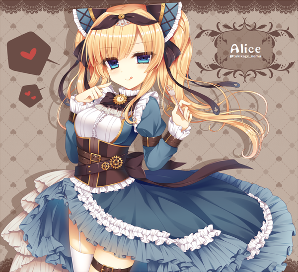 Anime picture 800x732 with original tsukikage nemu single long hair looking at viewer blush blue eyes blonde hair smile twintails inscription girl thighhighs dress ribbon (ribbons) hair ribbon white thighhighs frills belt tongue