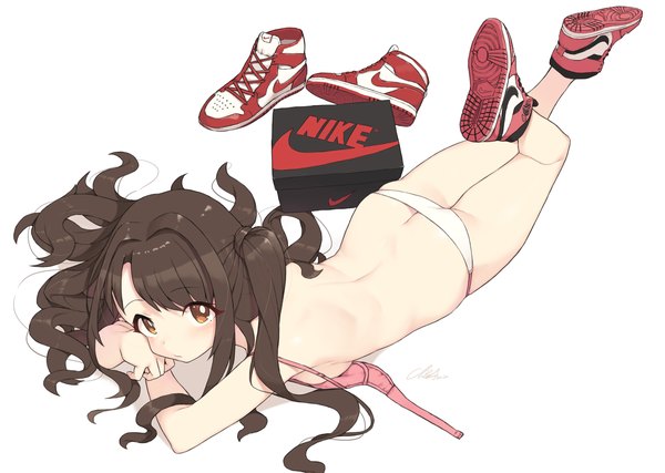 Anime picture 3584x2548 with idolmaster idolmaster cinderella girls nike air jordan shimamura uzuki cloba long hair looking at viewer highres breasts light erotic brown hair white background brown eyes signed absurdres ass lying from above underwear only