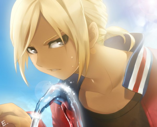 Anime picture 1000x814 with inazuma eleven inazuma eleven go gouenji shuuya erian single short hair blonde hair signed looking away sky ponytail black eyes summer boy water