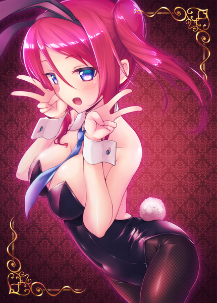 Anime picture 1435x2000 with original fal single long hair tall image looking at viewer blush fringe breasts open mouth light erotic standing bare shoulders animal ears cleavage red hair tail animal tail no bra bunny ears