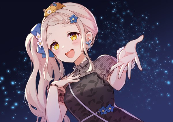 Anime picture 1200x848 with virtual youtuber nijisanji machita chima gonzalez (machita chima) ame8desu single long hair looking at viewer blush open mouth blonde hair yellow eyes upper body :d side ponytail hand on chest outstretched hand animal on head girl dress