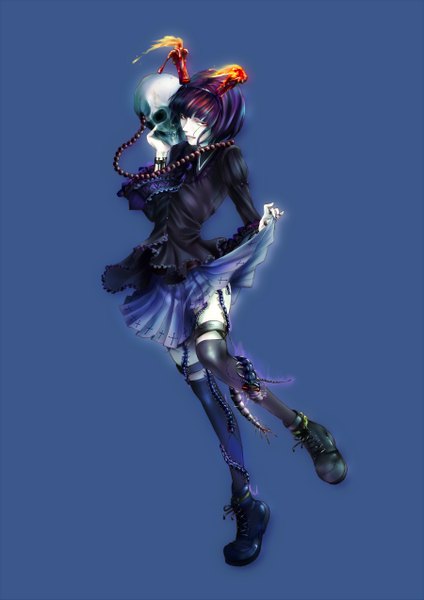 Anime picture 1800x2546 with original fuka kurage single tall image looking at viewer fringe highres short hair simple background standing purple eyes holding purple hair pleated skirt light smile blue background leg lift (legs lift) white skin girl thighhighs
