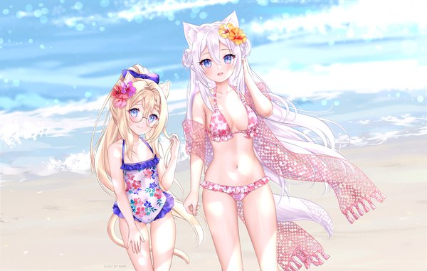 Anime picture 1900x1209 with original miyuki (natsumii chan) nami (nyaa) long hair looking at viewer blush fringe highres breasts open mouth blue eyes light erotic blonde hair smile hair between eyes standing bare shoulders multiple girls signed animal ears