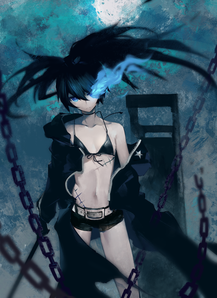 Anime picture 1977x2709 with black rock shooter black rock shooter (character) 981519 single long hair tall image looking at viewer fringe highres breasts blue eyes light erotic black hair simple background hair between eyes standing twintails head tilt off shoulder open jacket