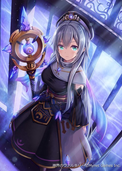 Anime picture 643x900 with shinkai no valkyrie damilia (shinkai no valkyrie) akkijin single long hair tall image looking at viewer blush fringe breasts hair between eyes standing holding silver hair aqua eyes from above official art girl dress weapon