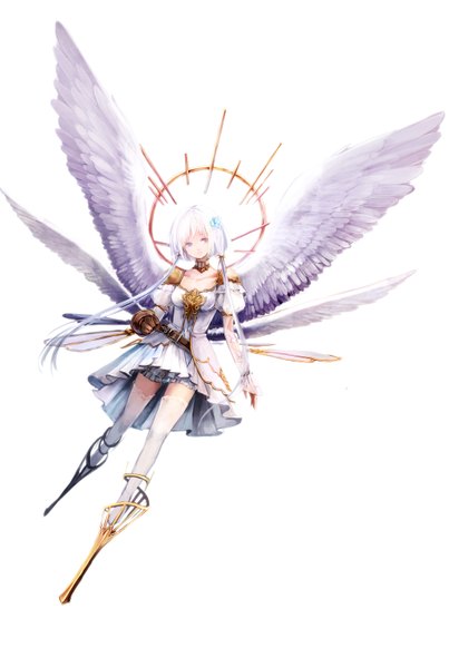 Anime picture 2000x2977 with original aka tonbo (lovetow) long hair tall image highres simple background white background purple eyes twintails white hair zettai ryouiki puffy sleeves angel wings angel girl thighhighs dress hair ornament ribbon (ribbons) white thighhighs