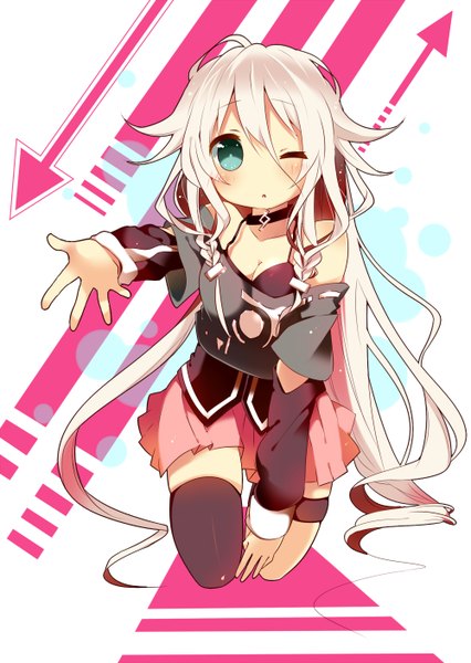 Anime picture 1000x1408 with vocaloid ia (vocaloid) udukiasa (artist) single long hair tall image looking at viewer blush breasts blue eyes blonde hair bare shoulders braid (braids) pleated skirt one eye closed wink twin braids outstretched hand girl thighhighs