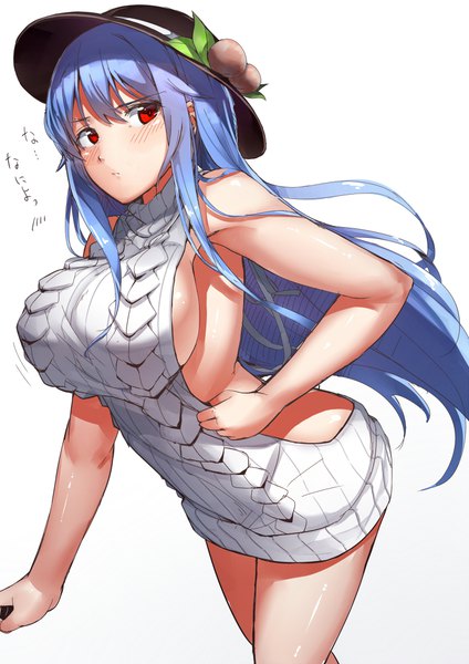Anime picture 707x1000 with touhou hinanawi tenshi neropaso single long hair tall image blush fringe breasts light erotic simple background hair between eyes red eyes white background bare shoulders blue hair looking away ass no bra bare legs