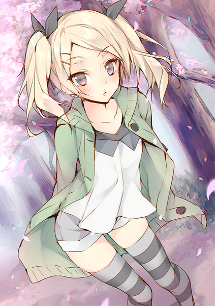 Anime picture 722x1023 with shirobako p.a. works yano erika iyo iyo single long hair tall image looking at viewer blush fringe blonde hair twintails bent knee (knees) outdoors open clothes open jacket grey eyes leaning leaning forward cherry blossoms
