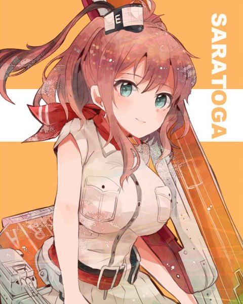 Anime picture 640x800 with kantai collection saratoga (kantai collection) itomugi-kun single long hair tall image looking at viewer blush blue eyes brown hair girl weapon belt neckerchief