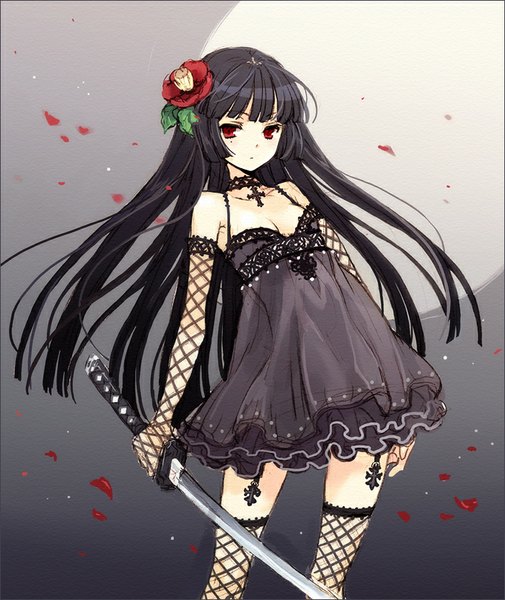 Anime picture 700x831 with original tearfish single long hair tall image looking at viewer fringe black hair red eyes hair flower facial mark girl thighhighs dress gloves hair ornament flower (flowers) weapon petals sword