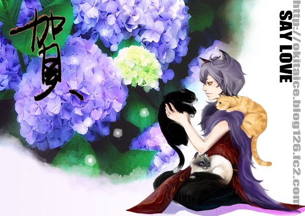 Anime picture 2000x1421 with original okita koori highres short hair sitting animal ears yellow eyes profile grey hair inscription hieroglyph girl flower (flowers) plant (plants) animal fur cat hydrangea