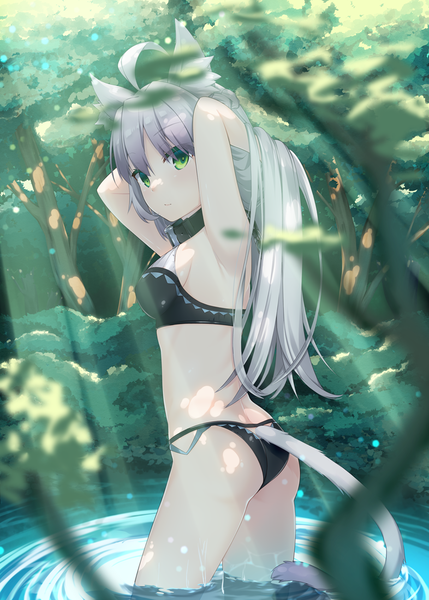 Anime-Bild 786x1100 mit fate (series) fate/grand order atalanta (fate) atalanta (alter) (fate) akino (1i1i1i1i) single long hair tall image looking at viewer blush fringe breasts light erotic hair between eyes standing green eyes animal ears ahoge outdoors tail