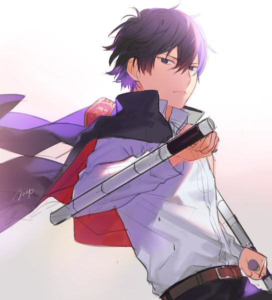 Anime picture 1755x1933 with katekyou hitman reborn hibari kyouya heiwa (murasiho) single tall image looking at viewer fringe highres short hair black hair simple background hair between eyes purple eyes signed upper body clothes on shoulders boy uniform weapon school uniform