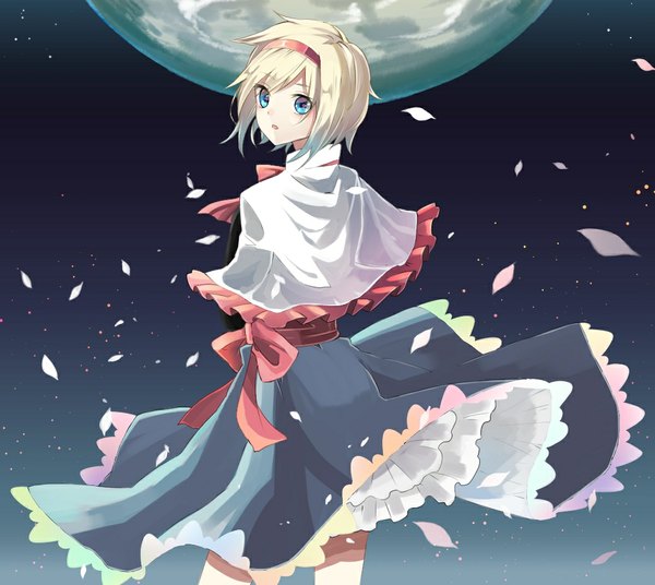 Anime picture 1040x930 with touhou alice margatroid taiki (ozone) single looking at viewer short hair open mouth blue eyes blonde hair looking back wind night girl petals hairband moon
