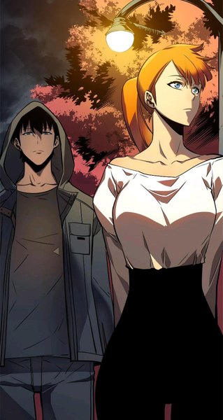 Anime-Bild 1080x2031 mit solo leveling a-1 pictures lee joo-hee sung jin-woo tagme (artist) long hair tall image looking at viewer fringe short hair breasts blue eyes black hair hair between eyes standing bare shoulders looking away cloud (clouds) outdoors ponytail
