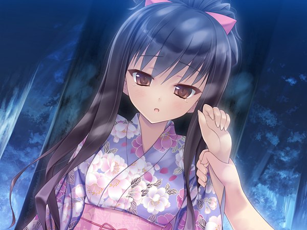 Anime picture 1024x768 with nadeshiko drip takachiho yuki long hair black hair brown eyes game cg japanese clothes girl kimono