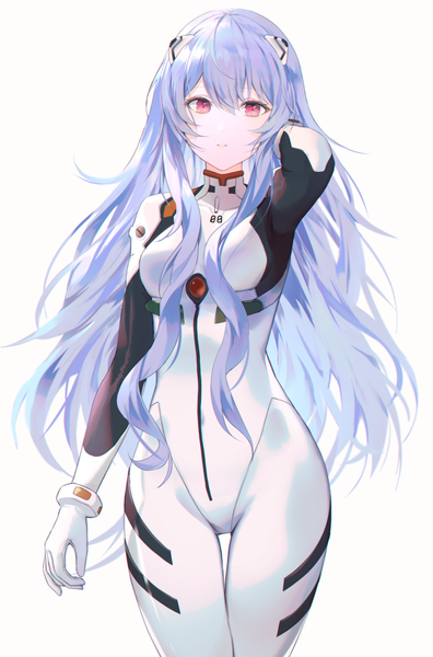 Anime picture 1000x1514 with neon genesis evangelion rebuild of evangelion evangelion: 3.0+1.0 thrice upon a time gainax ayanami rei eso (toory) single long hair tall image looking at viewer fringe simple background hair between eyes red eyes standing white background blue hair adjusting hair girl bodysuit