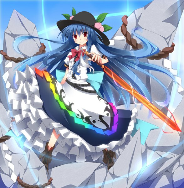Anime picture 800x817 with touhou hinanawi tenshi kurono yuzuko single tall image looking at viewer blush fringe smile red eyes blue hair very long hair wind outstretched arm girl weapon hat sword boots fruit