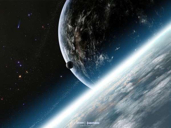 Anime picture 1600x1200 with original gucken inscription light no people space star (stars) planet spacecraft