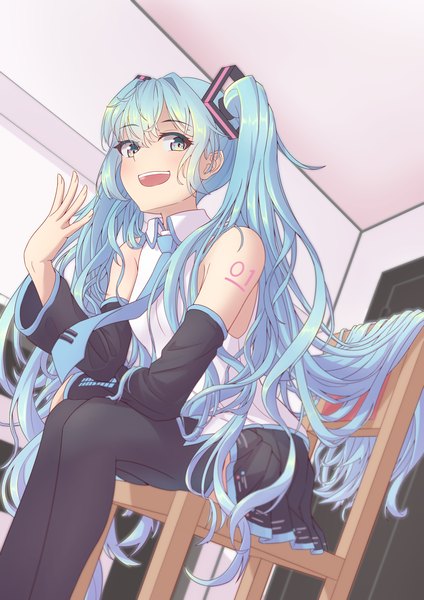 Anime-Bild 3035x4299 mit vocaloid hatsune miku qoopxi single tall image looking at viewer blush fringe highres open mouth blue eyes smile hair between eyes sitting twintails bare shoulders payot blue hair absurdres indoors