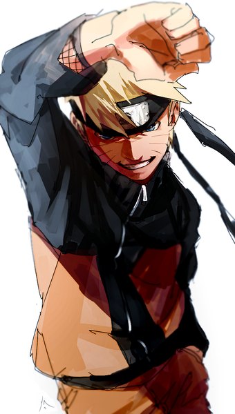 Anime picture 600x1056 with naruto studio pierrot naruto (series) uzumaki naruto zifletts single tall image looking at viewer short hair simple background blonde hair smile white background facial mark hand in pocket whisker markings jinchuriki boy hairband