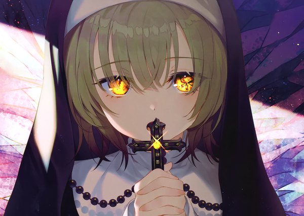 Anime picture 2964x2111 with original achiki single looking at viewer blush fringe highres short hair open mouth hair between eyes brown hair holding yellow eyes upper body scan glowing symbol-shaped pupils glowing eye (eyes) hands clasped interlocked fingers