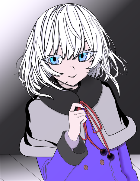 Anime picture 1500x1940 with tagme (artist) single tall image looking at viewer fringe short hair blue eyes smile hair between eyes upper body white hair long sleeves gradient background double buttons girl ribbon (ribbons) buttons mantle