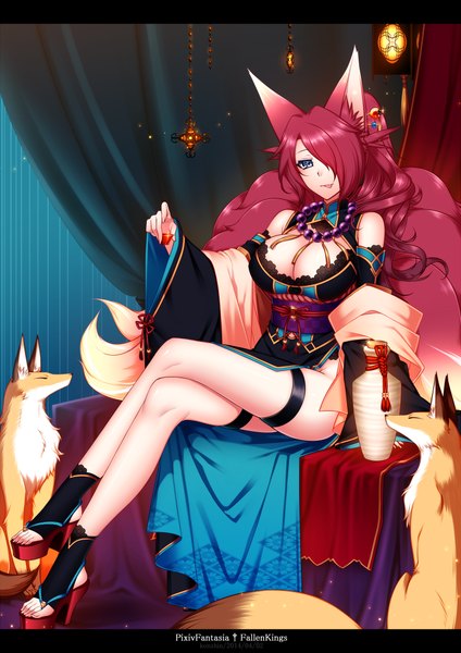 Anime picture 723x1023 with original pixiv fantasia pixiv fantasia sword regalia konshin single long hair tall image fringe breasts light erotic large breasts animal ears red hair tail hair over one eye legs multiple tails silver eyes girl detached sleeves