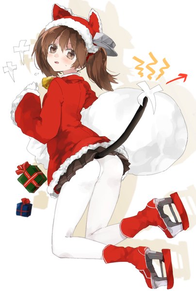 Anime picture 848x1258 with kantai collection ryuujou light aircraft carrier sino (sionori) single tall image looking at viewer blush fringe short hair light erotic simple background hair between eyes brown hair white background twintails brown eyes animal ears bent knee (knees) ass tail