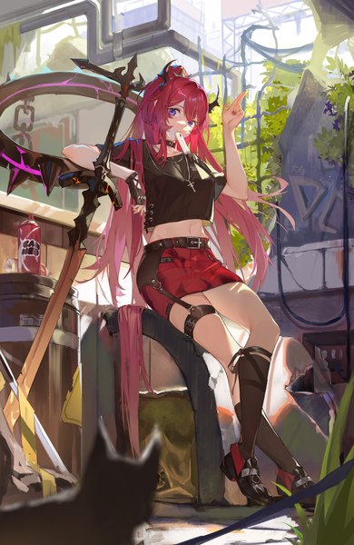 Anime picture 2000x3075 with arknights surtr (arknights) surtr (liberte echec) (arknights) moyuc single long hair tall image looking at viewer fringe highres hair between eyes sitting purple eyes holding full body ponytail red hair very long hair nail polish fingernails