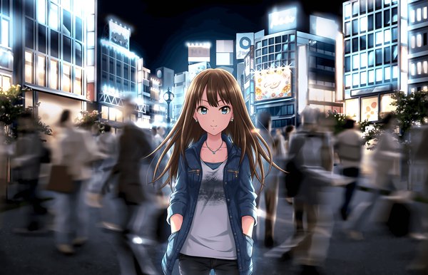 Anime picture 2560x1648 with idolmaster idolmaster cinderella girls shibuya rin long hair looking at viewer highres blue eyes smile brown hair blurry night open jacket official art city solo focus hands in pockets city lights stage of magic girl earrings