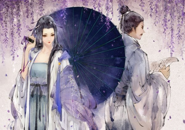 Anime picture 1417x1002 with original kei shu (artist) long hair black hair brown eyes traditional clothes profile lipstick looking down girl boy flower (flowers) petals umbrella paper oriental umbrella wisteria mustache