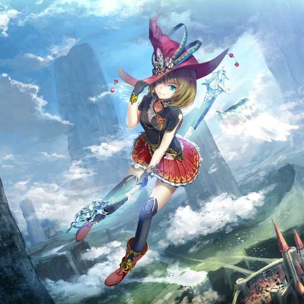 Anime picture 1500x1500 with original kouji (astral reverie) single short hair blue eyes blonde hair sky cloud (clouds) one eye closed wink flying witch girl thighhighs dress gloves black thighhighs hat wings black gloves