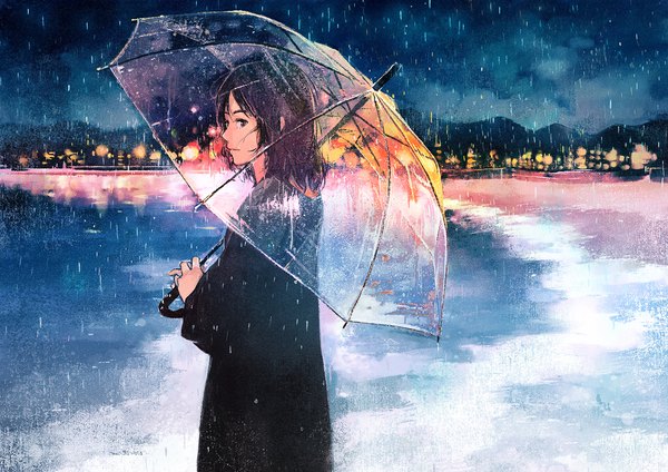 Anime picture 1132x800 with original gemi single long hair fringe black hair standing holding brown eyes looking away outdoors profile blurry night night sky beach city reflection rain cityscape