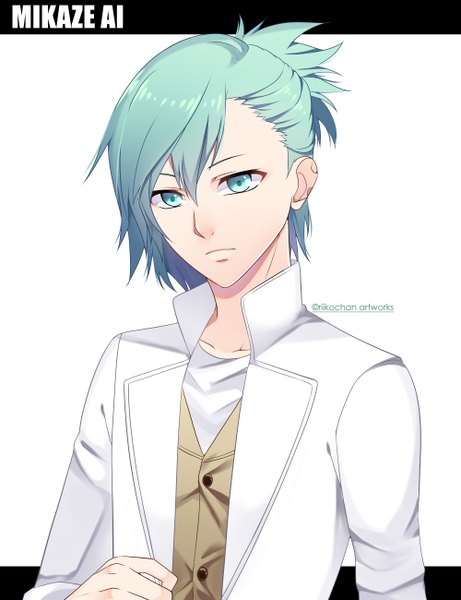 Anime picture 2000x2600 with uta no prince-sama a-1 pictures mikaze ai riikochan single tall image fringe highres short hair simple background white background signed looking away aqua eyes aqua hair character names boy
